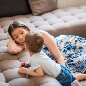 mother and toddler talking