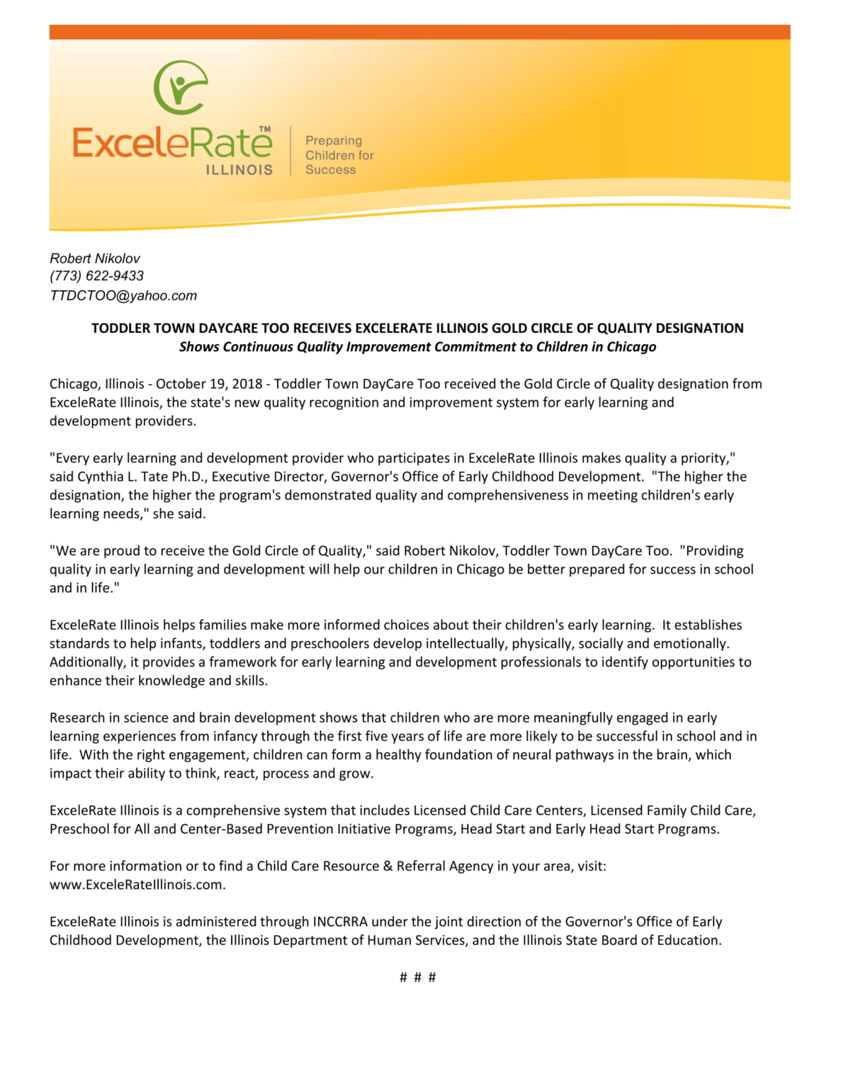 Toddler Town DayCare Too Press Release